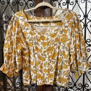 cupcakes & cashmere Cream Blouse with Mustard Floral Print and Puff Sleeves
